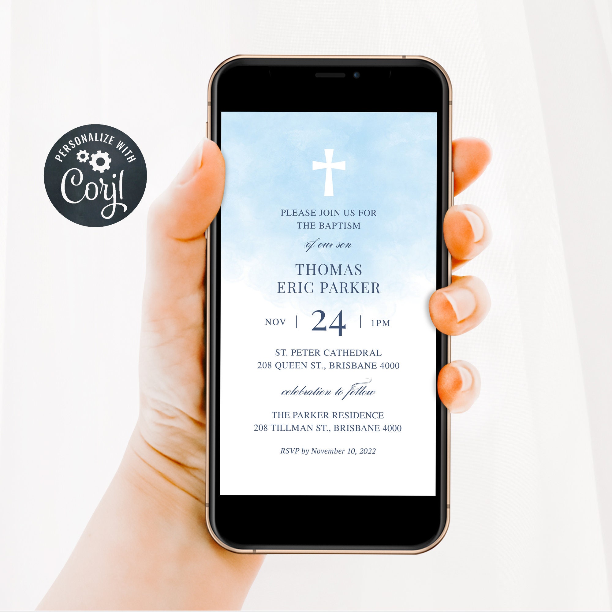 Blue Baptism Evite Template Christening Evite Holy Communion Etsy UK