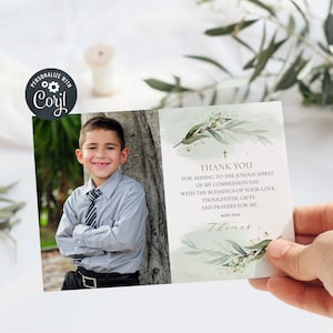 Modello di biglietto di ringraziamento per la Santa Comunione, foto del battesimo Grazie, battesimo Grazie, Green & Gold Leaves Thank you Card (CH575)