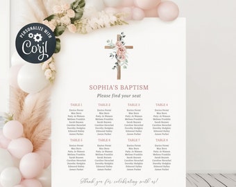 Baptism Seating Chart, Seating Chart Template, Editable Seating Chart, Wooden Cross and Flowers (CH571)