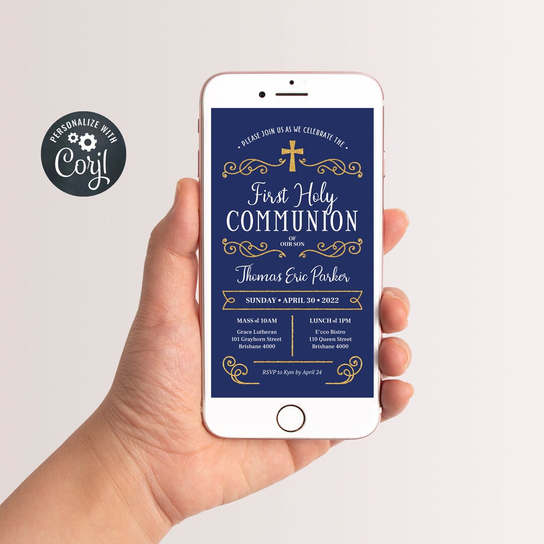 Holy Communion Evite, First Communion Digital Invitation, Blue