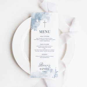 Doopmenu, blauw doopmenu, doopmenu, jongensdoopmenu, blauw & zilver aquarel doopmenu (CH472)