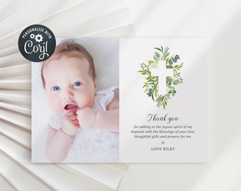 Editable Baptism thank you template, Christening thank you, Photo Thank you card, Greenery Cross  (CH738)