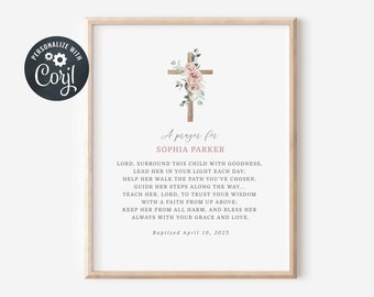 Baptism Gift Girl, Prayer Sign, Christening Gift, Editable Prayer Sign, Wooden Cross with Pink Flowers (CH571)