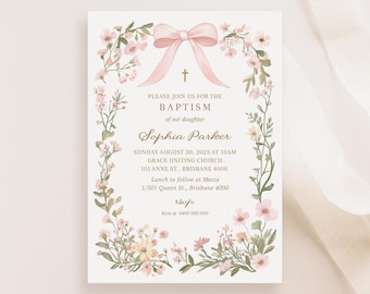May include: A pink floral baptism invitation with a pink bow and a cross. The invitation reads "Please join us for the Baptism of our daughter Sophia Parker. Sunday August 30, 2025 at 10am Grace Uniting Church 101 Anne St., Brisbane 4000 Lunch to follow at Mecca 1/501 Queen St., Brisbane 4000 rsvp Kym at 0400 000 000"