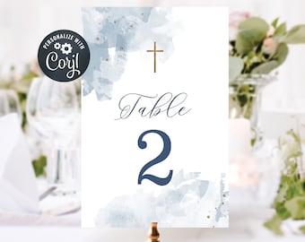 Editable Baptism Table Number template, Digital Table Numbers, Baptism Boy, Blue Baptism (CH470)