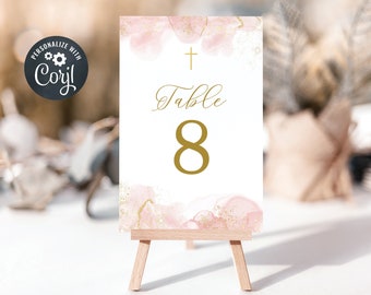 Editable Baptism Table Number template, Digital Table Numbers, Pink and Gold Watercolour (CH478)