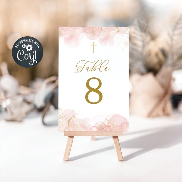 Editable Baptism Table Number template, Digital Table Numbers, Pink and Gold Watercolour (CH478)