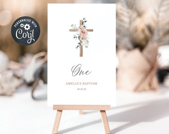 Editable Baptism Table Number template, Digital Table Numbers, Wooden Cross with Pink Flowers (CH571)