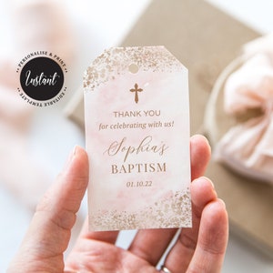 Girl Baptism Favor Tags, Doop Gunst Tags, Bewerkbare Gunst Tags, Perzik en Rose Gold (CH503)