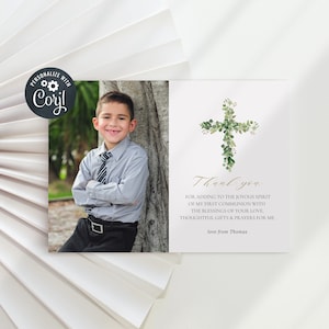 Tarjeta de agradecimiento de la Sagrada Comunión, foto de bautismo o bautizo Gracias, Tarjeta de agradecimiento de Greenery Cross (CH611)