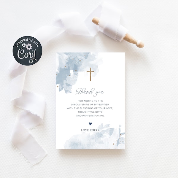 Baptism thank you card template, Christening thank you card, Blue Watercolour thank you (CH470)