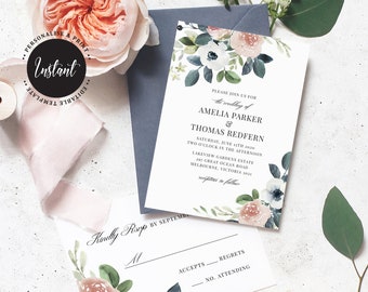 Editable Wedding Invitation and RSVP, Instant Download, Dusty Pink & Grey Watercolour Roses (W03)