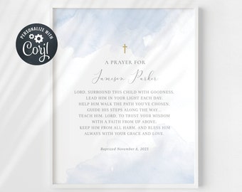 Baptism Gift Boy, Prayer Sign, Christening Gift, Editable Prayer Sign, Godfather Gift, Baptism Printable, Blue Watercolor (CH112)