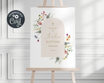 Girl Baptism Welcome Sign Template, Christening Welcome Sign, Instant Download, Wildflower Baptism Welcome Sign (CH111)