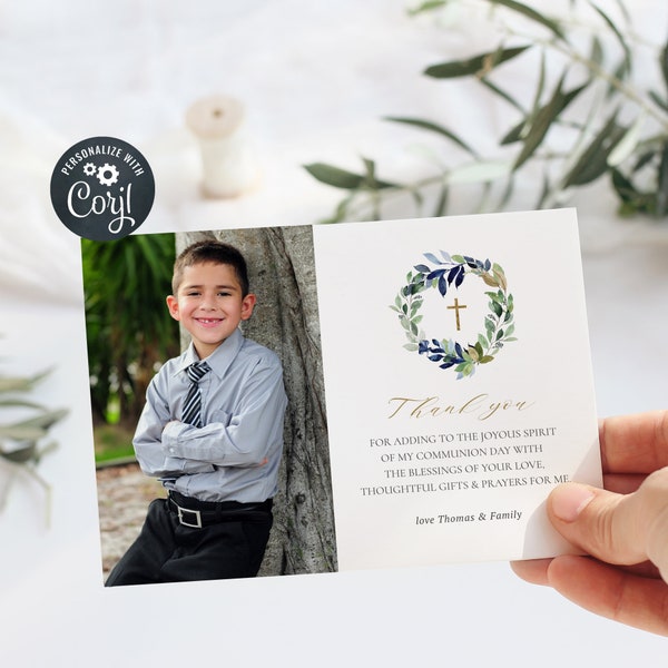 Holy Communion Thank You Card Template, Photo Thank You, Green & Navy Wreath Thank You Card (CH581)