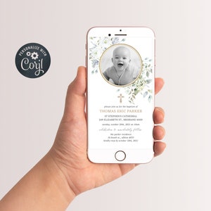 May include: A digital invitation for a baby's christening with a photo of a baby boy in a white onesie. The invitation includes the baby's name, the date and time of the christening, and the location of the ceremony and reception. The invitation is decorated with a floral design and a cross.