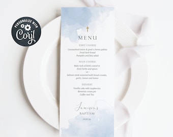 Baptism Menu template, Boy Christening Menu, Boy Baptism Menu, Editable Blue Baptism Menu (CH112)