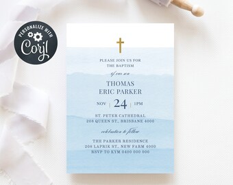 May include: Blue and white watercolor baptism invitation with a gold cross and the text "PLEASE JOIN US FOR THE BAPTISM of our son THOMAS ERIC PARKER NOV 24 1PM ST. PETER CATHEDRAL 208 QUEEN ST., BRISBANE 4000 celebration to follow THE PARKER RESIDENCE 208 LAPRIK ST., NEW FARM 4000 RSVP TO KYM 0400 000 000"