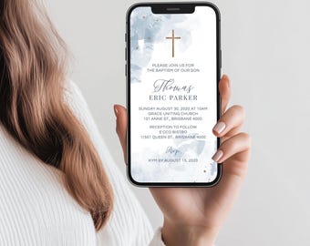 Baptism Evite, Christening Evite, Holy Communion Evite, Digital Invitation, Dusty Blue Water Colour Invitation (CH470)