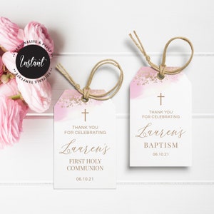 Baptism Favor Tags, Editable Christening Favor Tags, Holy Communion, Girl Favor Tags, Pink and Rose Gold Watercolour (CH459)