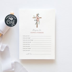 Plantilla editable de tarjeta de oración de bautismo, tarjeta de oración de bautizo, tarjeta de oración de niña, cruz de madera con flores rosas (CH571)