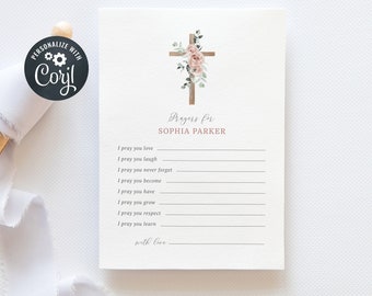 Editable Baptism Prayer Card template, Christening Prayer Card, Baby Girl Prayer Card, Wood Cross with Pink Flowers (CH571)