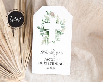 Baptism Favor Tag Template, Editable Christening Favor Tags, Printable Favor Tags, Watercolour Eucalyptus Design (CH501)