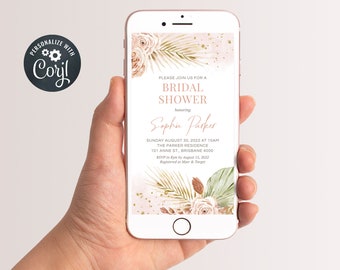 Digital Bridal Shower Invitation, Bridal Shower Evite, Instant Download, Pink Boho Invite (B10)