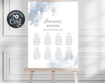 Baptism Seating Chart, Seating Chart Template, Editable Seating Chart, Blue Watercolour (CH472)