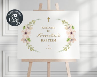 Girl Baptism Welcome Sign Template, Christening Welcome Sign, Instant Download, Neutral Flowers Welcome Sign (CH05)