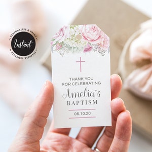 Editable Christening Favor Tags, Girl Baptism Favor Tags, Printable Favor Tags, Pink and Grey Watercolour Flowers (CH249)