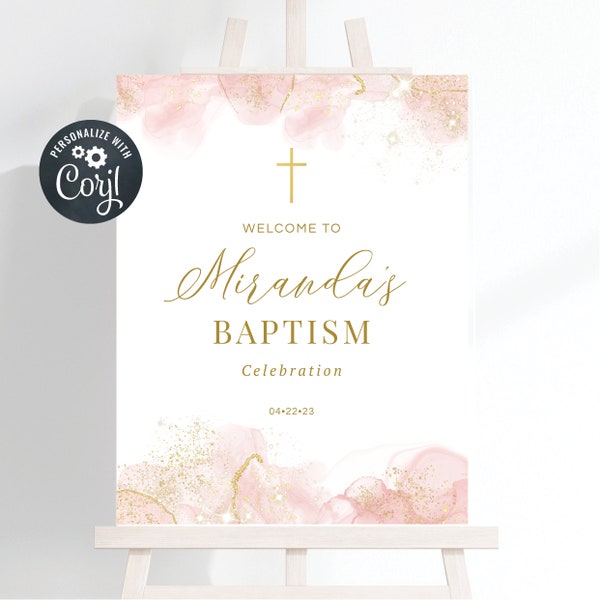 Girl Baptism Welcome Sign Template, Christening Welcome Sign, Instant Download, Blush and Gold Waterolcour (CH478)