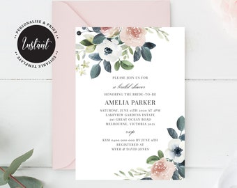 Editable Bridal Shower Invitation, Instant Download, Dusty Pink & Grey Watercolour Roses (B400)