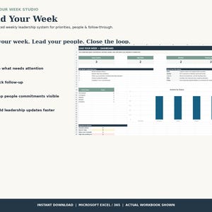 May include: A digital spreadsheet template titled Lead Your Week, featuring a dashboard with sections for open actions, high stakes, and follow-ups. It includes a bar chart for actions by status, a list of leadership tasks, and a weekly command system.