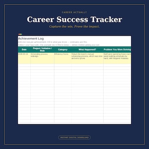 May include: A Career Success Tracker digital document featuring a white achievement log table with columns for date, project, category, what happened, and problem solved. The header includes the text Career Success Tracker and Capture the win.