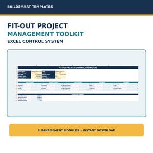 Op de afbeelding: Een digitaal document getiteld Buildsmart Templates Fit-Out Project Management Toolkit Excel Control System. Het bevat een Fit-Out Project Control Dashboard met kolommen voor taakvoortgang, budgetbeheer, inkoop en een overzicht van variaties.