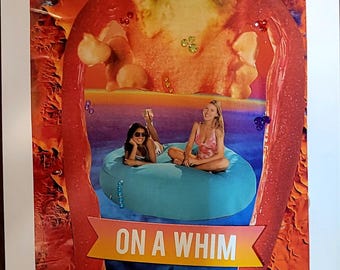 Peut inclure: Un collage multimédia présentant la silhouette d'un gros poivron rouge encadrant deux personnes sur une bouée bleue dans l'océan. Une bannière en bas affiche le texte ON A WHIM en blanc. Une tortue de mer est visible à la base.