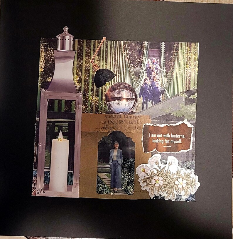 K&ouml;nnte beinhalten: Eine Collage auf schwarzem Hintergrund mit einer silbernen Laterne mit wei&szlig;er Kerze, einer schwarzen Schreibtischlampe, einer Kristallkugel, einer Gruppe von Menschen auf einer Br&uuml;cke, einer Person im Anzug und einem Blumenmotiv mit dem Text I am out with lanterns, looking for myself.