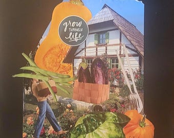 Peut inclure: Un collage sur fond noir représentant une courge butternut, un panier d'aubergines, des haricots verts, une tomate et une personne dans un jardin. Un autocollant circulaire avec le texte "grow through life" est centré. Une fourchette est visible.