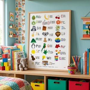 May include: A framed educational alphabet poster featuring colourful illustrations for each letter from A to Z, with corresponding words in multiple languages printed in black text. The poster is displayed on a wooden shelf in a room.
