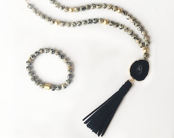 Dalmatian Jasper Agate Druzy Tassel Necklace - Beaded Necklace - Black Druzy - Agate Slice - Tassel Necklace - Druzy Necklace - Long Beaded