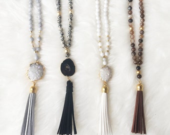 Druzy Agate Tassel Necklace - Boho Necklace - Long Beaded Necklace - Druzy Agate - Leather Tassel - Layering Necklace - Boho Jewelry