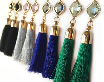 Tassel Earrings - Tassel Earrings w/ Gemstone - Gold - Tassel Jewelry - Dangle Earrings - Statement Earrings - Black - Green - Blue - Silver