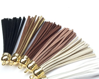 Dark Neutrals Suede Leather Tassel Necklace on Gold Chain- Black, Brown, White- You Choose Color