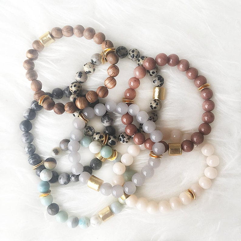 Beaded Natural Gemstone Stackable Bracelets Stretchy Beaded Bracelet Gold Beaded Bracelet Gemstone Bracelet Stretchy Bracelet image 1