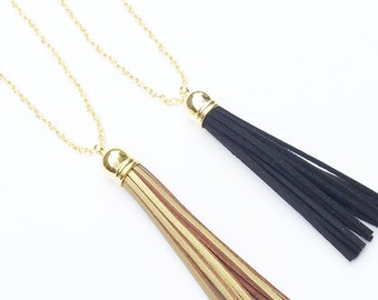 Metallic Gold Suede Leather Tassel Necklace on Gold Filled Chain