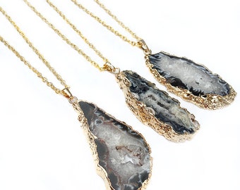 Black and White Druzy Agate Slice Pendant on Gold Chain Necklace