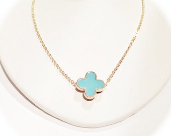 Turquoise Blue Modern Clover Necklace on Gold Chain