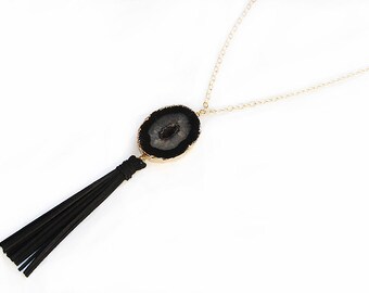 Black Agate Druzy Slice Boho Long Leather Suede Tassel Necklace -n Gold Filled - Boho Jewelry - Tassel Necklace-Tassel Jewelry - Agate Slice