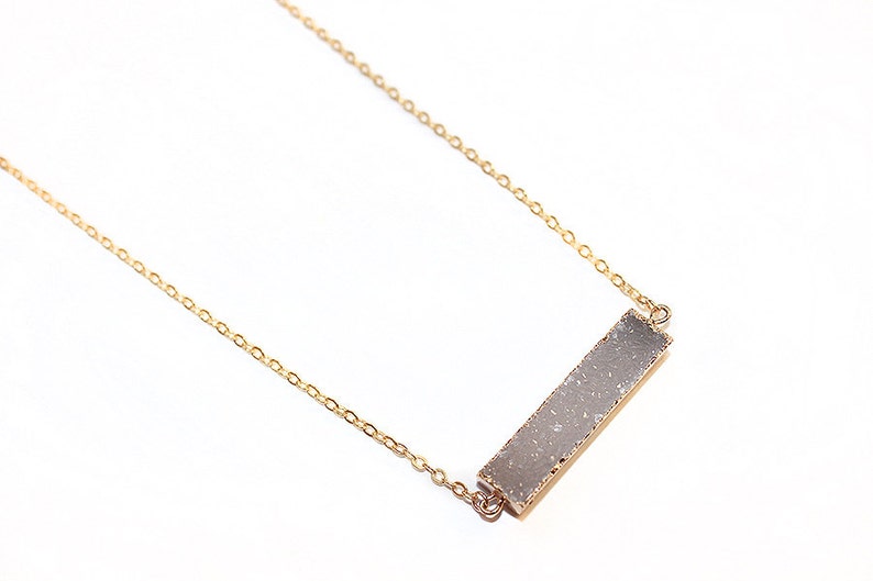 Smoky Grey Druzy Rectangle Bar Necklace-Gold Filled Chain in Your Length of Choice-Dainty Druzy Agate Rectangle Bar Necklace Gold-Druzy image 2